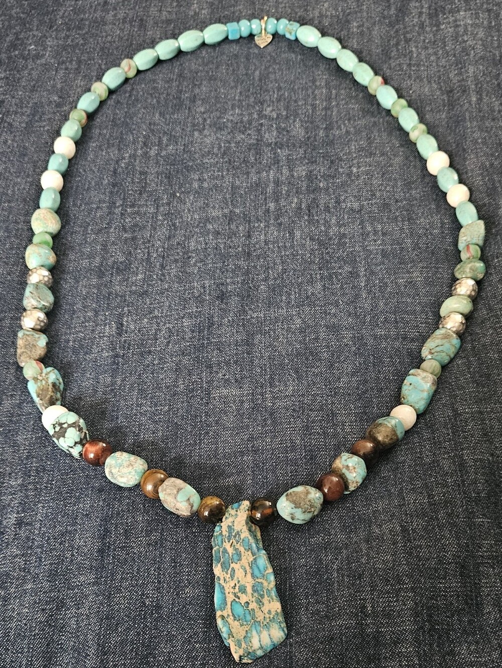 Vintage Southwestern Multi-Stone Beaded Necklace.. Large Turquoise Slab Pendant